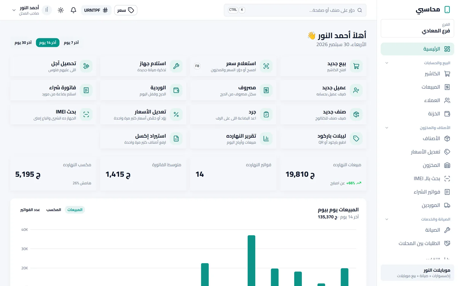 الشاشة الرئيسية في محاسبي: مبيعات ومكسب النهارده ورسم المبيعات